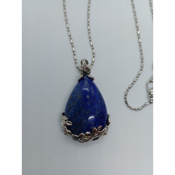 Large Teardrop Lapis Lazuli Floral Cage Pendant Silver Tone 18" Chain Necklace - Picture 3 of 7